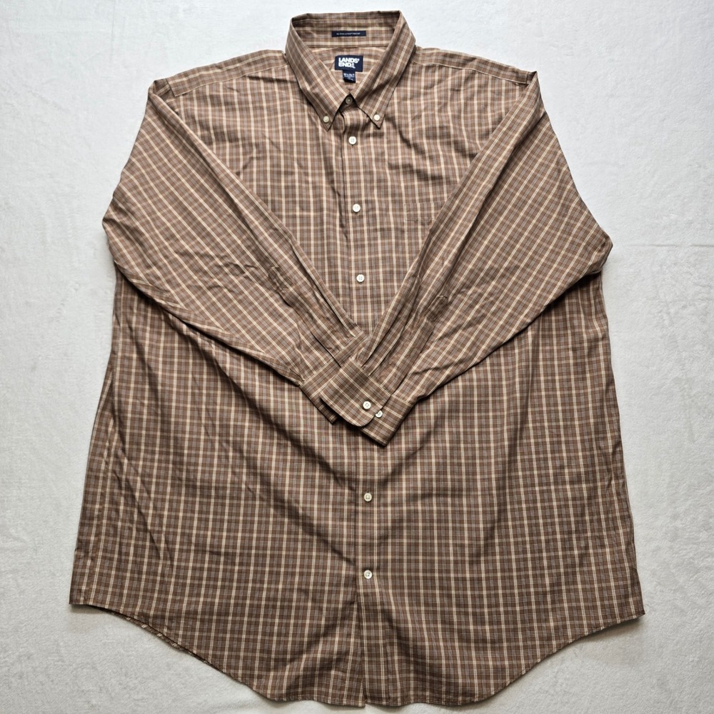Lands End Plaid Button Down Shirt Brown Cotton Classic Mens 18.5 34 Tall‎